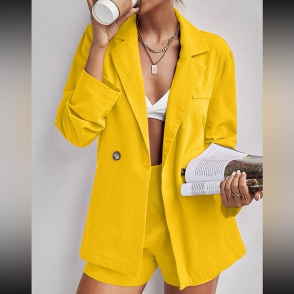 Solid Lapel Collar Button Front Blazer And Shorts Set - Picture 2 of 6